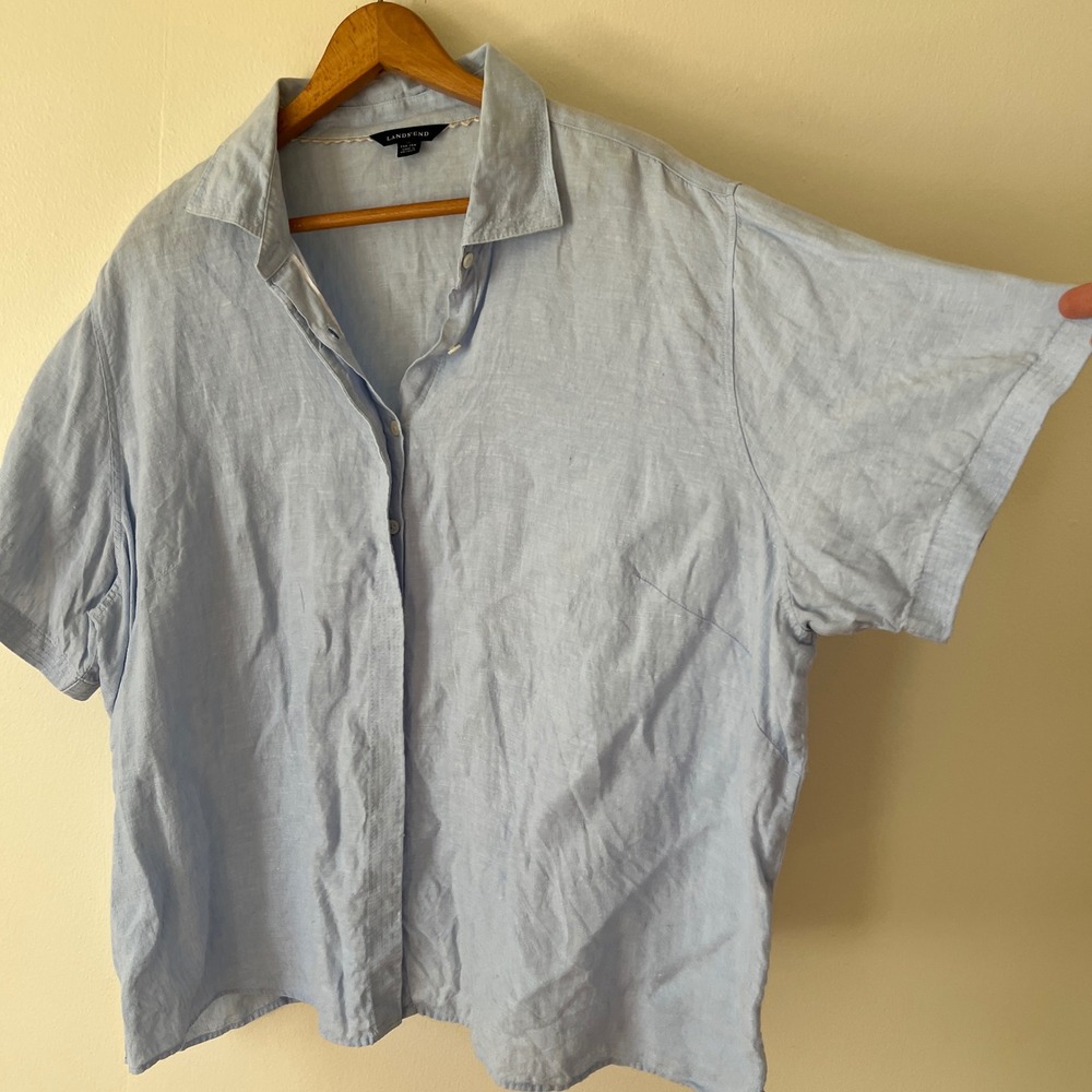 Lands End Womens 3X 24W-26W Light Blue‎ Linen Short Sleeve Button Down Shirt - Picture 3 of 16